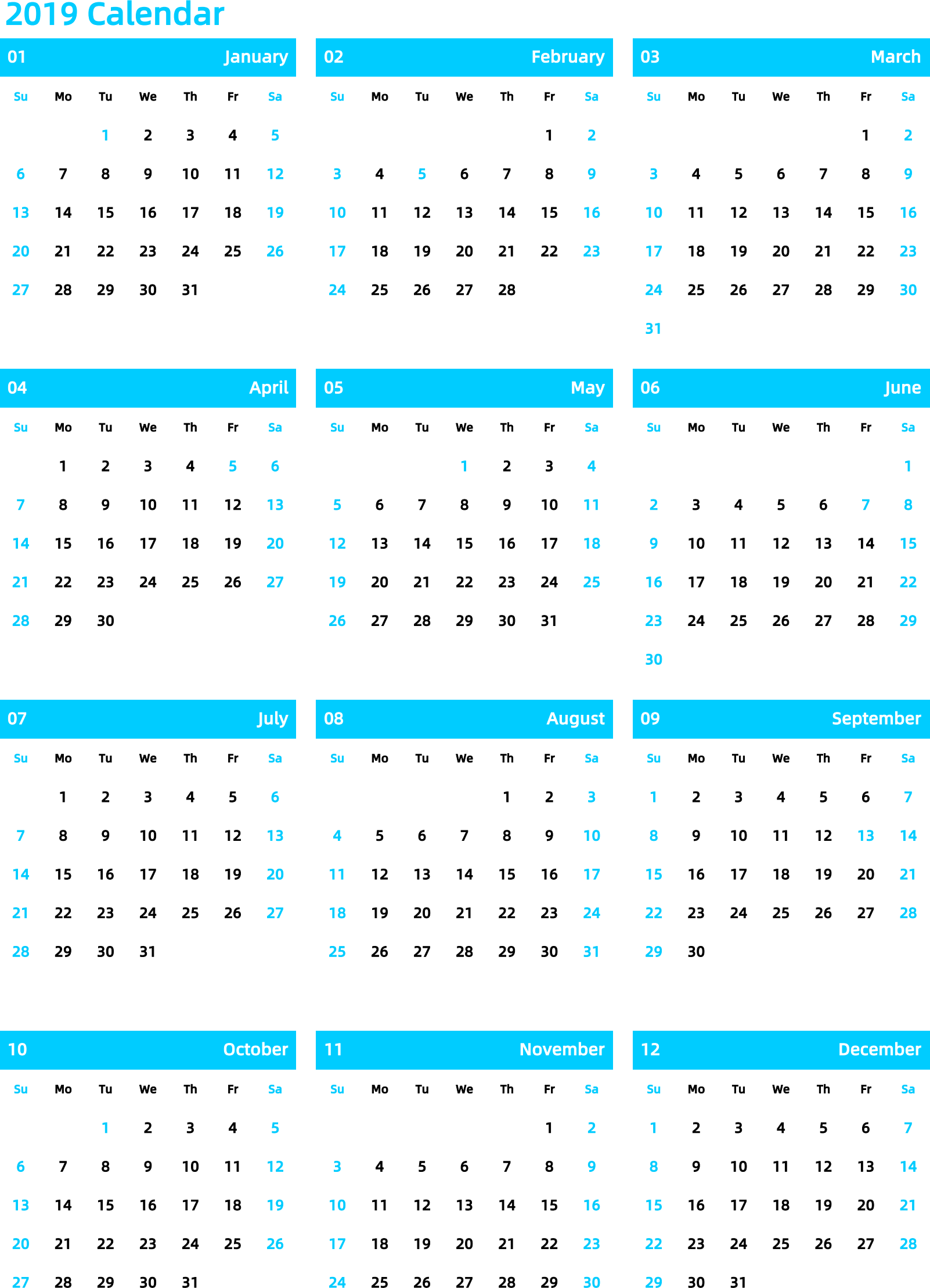 日历表2019年日历 英文版 纵向排版 周日开始 带节假日调休安排